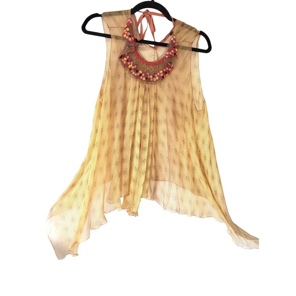 Rozae Nichols Tops - Rozae Nichols Women Orange Silk Beaded Halter Top Sheer Floral Asymmetric L